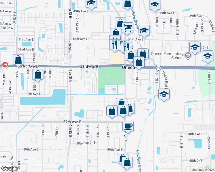 map of restaurants, bars, coffee shops, grocery stores, and more near 1221 53rd Avenue East in Bradenton