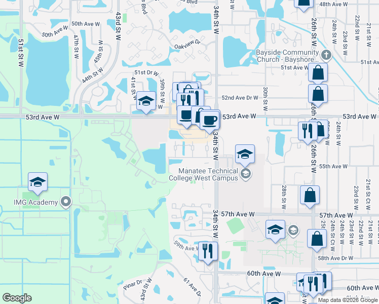 map of restaurants, bars, coffee shops, grocery stores, and more near 5400 34th Street West in Bradenton