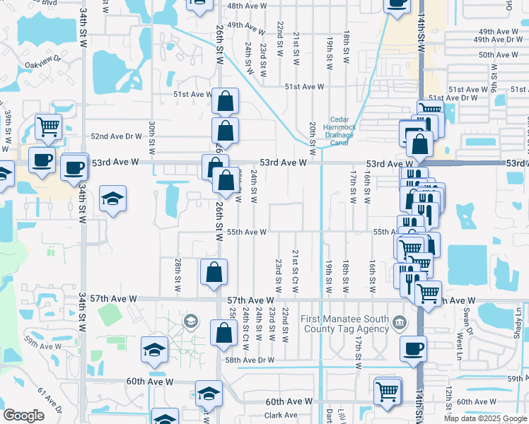 map of restaurants, bars, coffee shops, grocery stores, and more near 5400 24th Street West in Bradenton