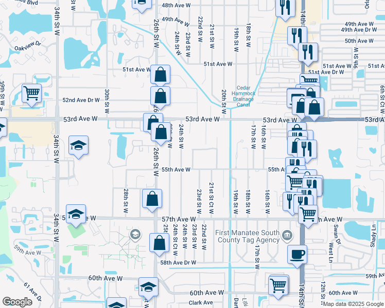 map of restaurants, bars, coffee shops, grocery stores, and more near 2210 54th Avenue Drive West in Bradenton