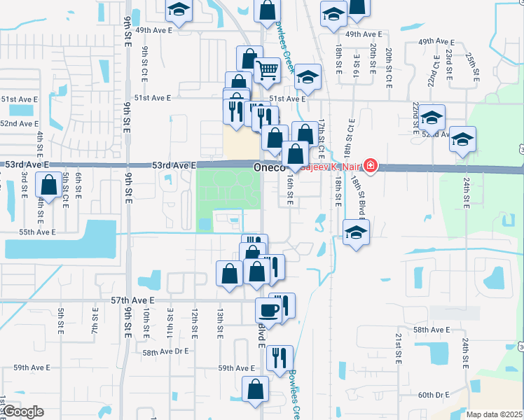 map of restaurants, bars, coffee shops, grocery stores, and more near 15th Street East in Manatee County