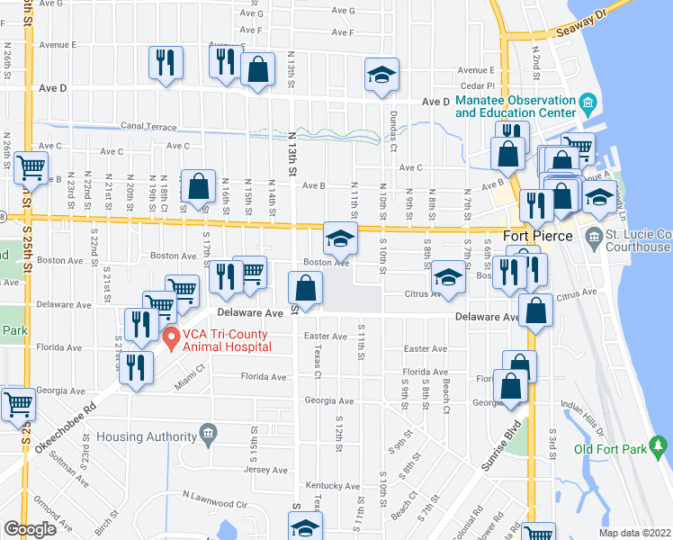 map of restaurants, bars, coffee shops, grocery stores, and more near 1134 Boston Avenue in Fort Pierce