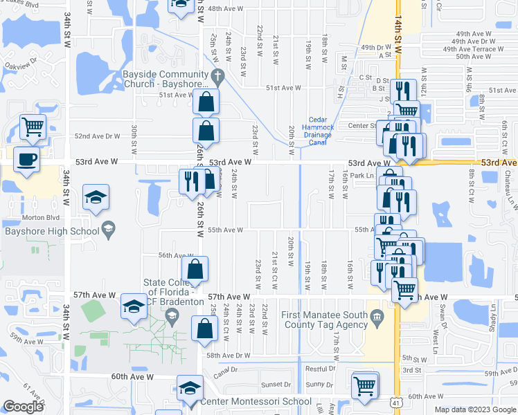 map of restaurants, bars, coffee shops, grocery stores, and more near 2210 54th Avenue Drive West in Bradenton