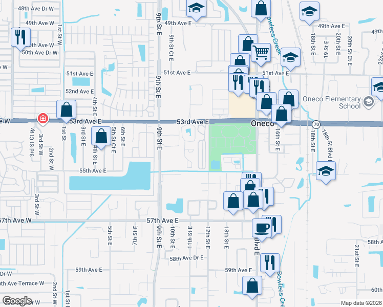 map of restaurants, bars, coffee shops, grocery stores, and more near 5410 11th Street Circle East in Bradenton