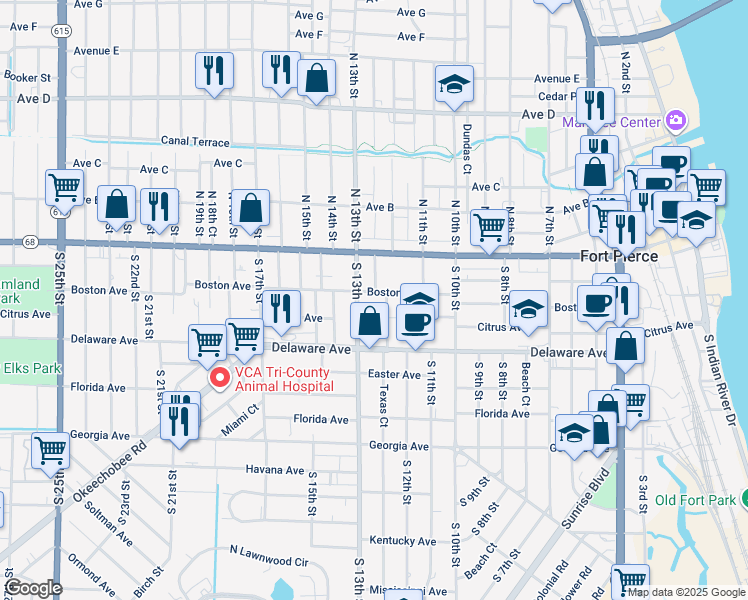 map of restaurants, bars, coffee shops, grocery stores, and more near 1235 Boston Avenue in Fort Pierce