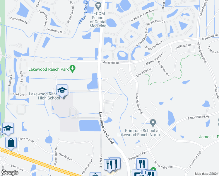 map of restaurants, bars, coffee shops, grocery stores, and more near 11135 Lost Creek Terrace in Bradenton