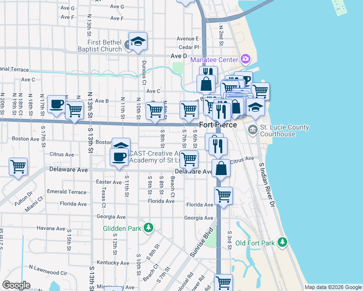 map of restaurants, bars, coffee shops, grocery stores, and more near 704 Boston Avenue in Fort Pierce