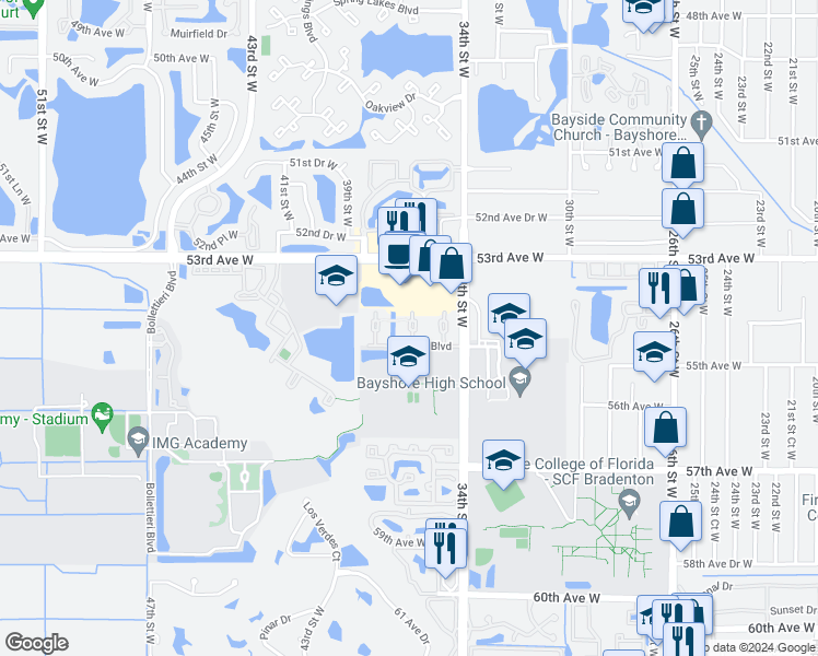 map of restaurants, bars, coffee shops, grocery stores, and more near 40 Morton Boulevard in Bradenton
