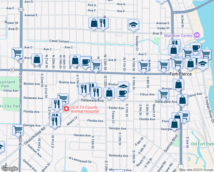 map of restaurants, bars, coffee shops, grocery stores, and more near 1235 Boston Avenue in Fort Pierce
