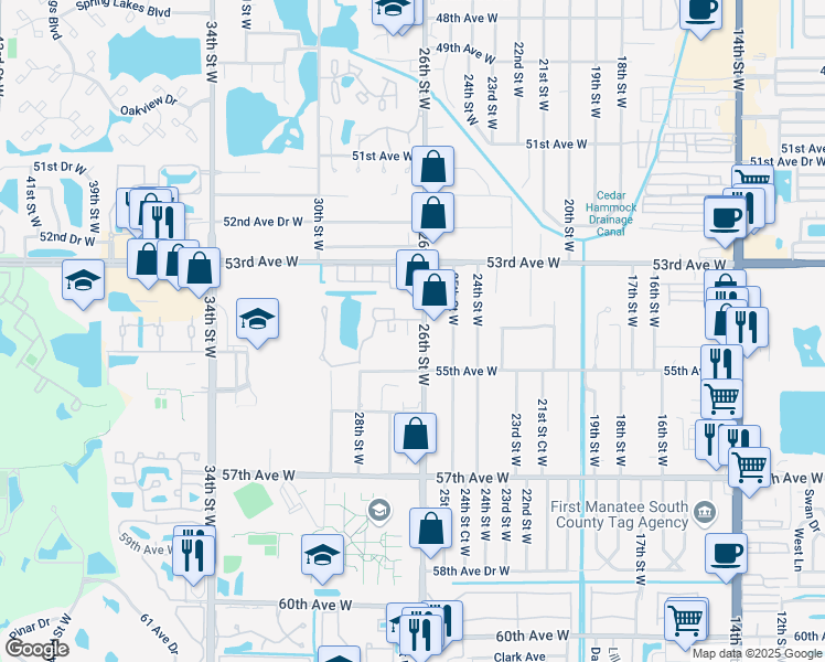 map of restaurants, bars, coffee shops, grocery stores, and more near 5404 26th Street West in Bradenton
