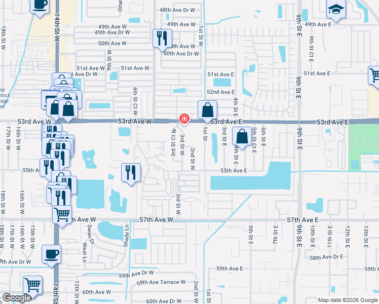 map of restaurants, bars, coffee shops, grocery stores, and more near 5411 3rd Street West in Bradenton