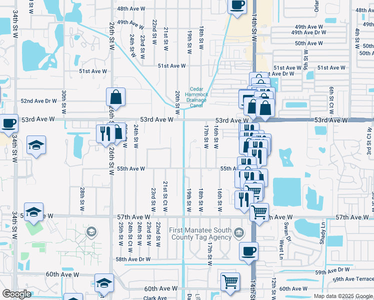 map of restaurants, bars, coffee shops, grocery stores, and more near 5416 18th Court West in Bradenton