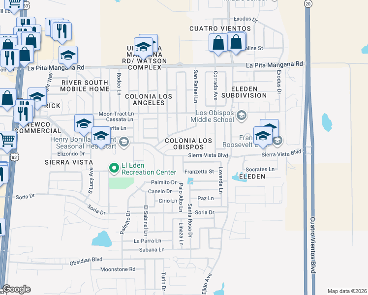 map of restaurants, bars, coffee shops, grocery stores, and more near 4714 Tamayo Ct in Laredo