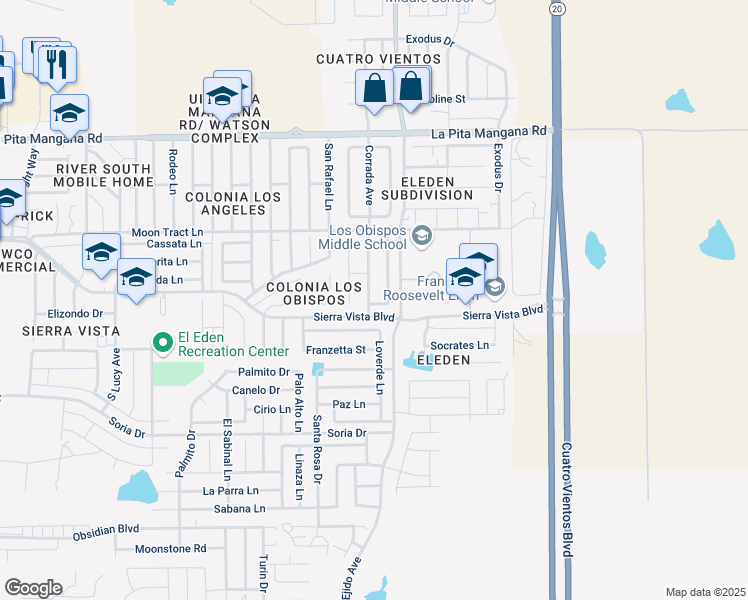 map of restaurants, bars, coffee shops, grocery stores, and more near 4703 Corrada Avenue in Laredo