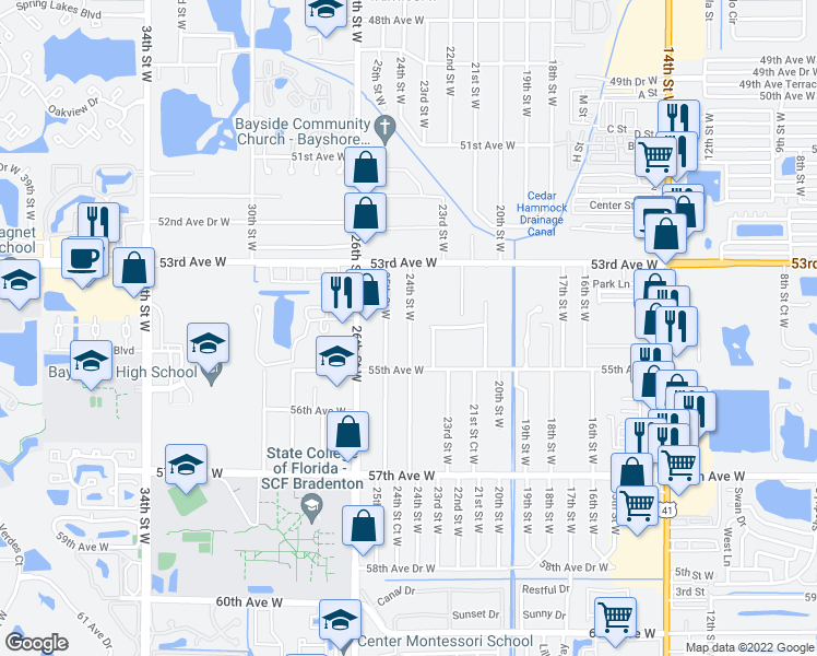 map of restaurants, bars, coffee shops, grocery stores, and more near 5400 24th Street West in Bradenton