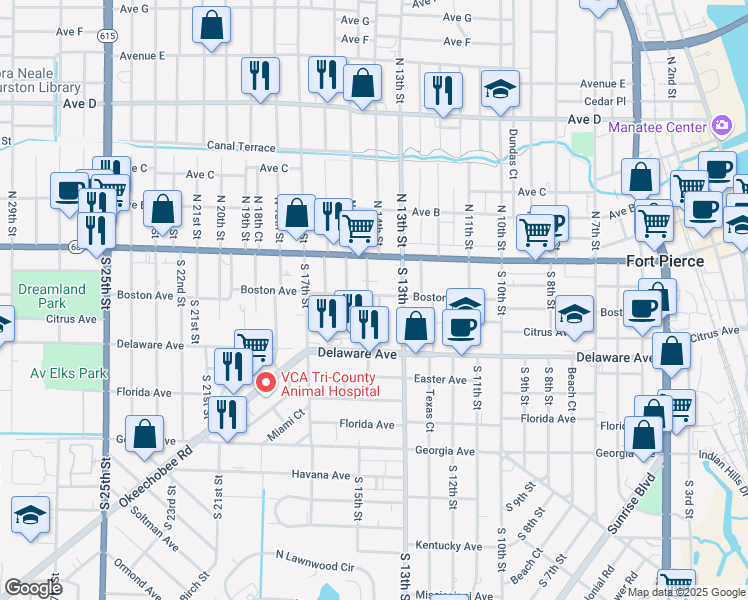 map of restaurants, bars, coffee shops, grocery stores, and more near 301 South 14th Street in Fort Pierce