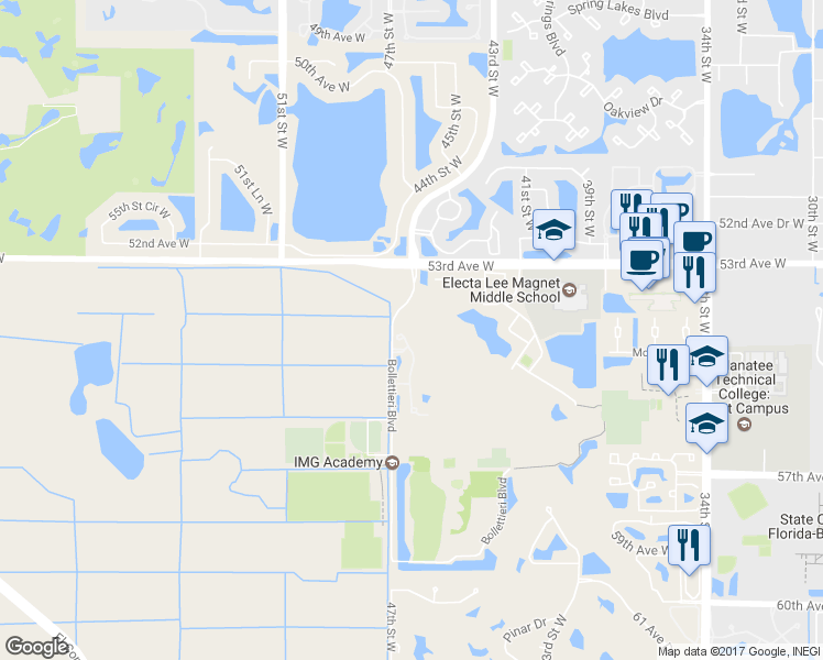 map of restaurants, bars, coffee shops, grocery stores, and more near 5409 46th Court West in Bradenton