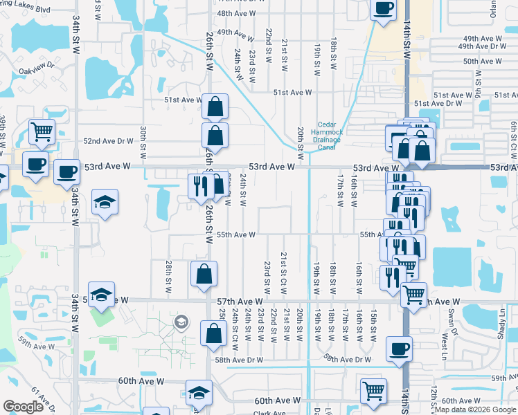 map of restaurants, bars, coffee shops, grocery stores, and more near 2210 54th Avenue Drive West in Bradenton