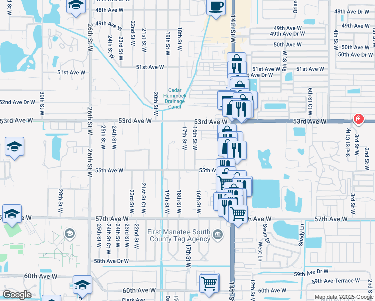 map of restaurants, bars, coffee shops, grocery stores, and more near 5403 17th Street West in Bradenton