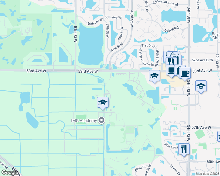 map of restaurants, bars, coffee shops, grocery stores, and more near 5409 46th Court West in Bradenton