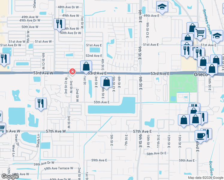 map of restaurants, bars, coffee shops, grocery stores, and more near 5407 5th Street Court East in Bradenton