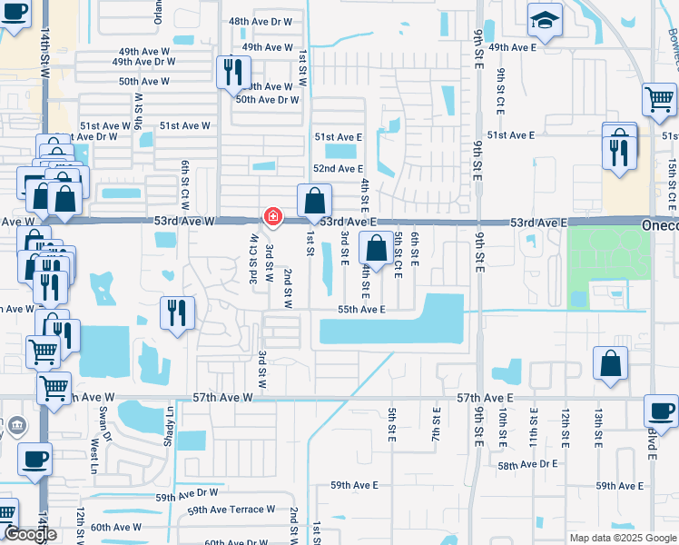 map of restaurants, bars, coffee shops, grocery stores, and more near 5412 3rd Street East in Bradenton