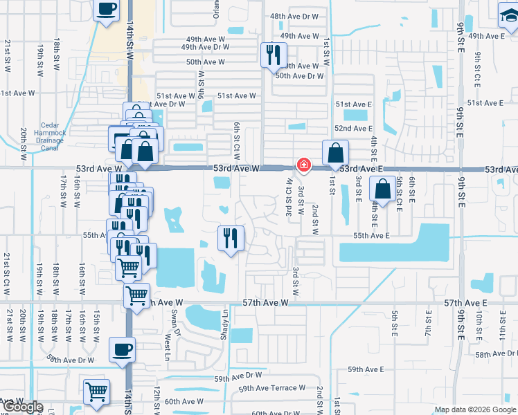 map of restaurants, bars, coffee shops, grocery stores, and more near 5409 Bali Court in Bradenton