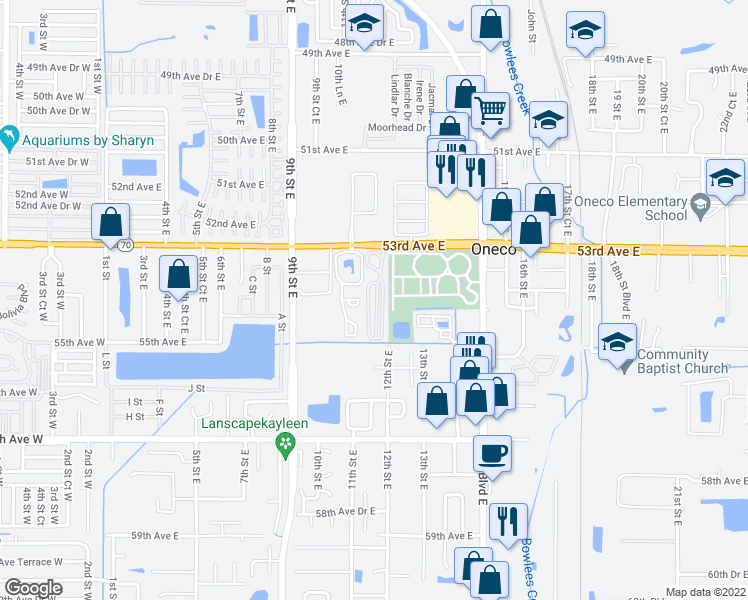 map of restaurants, bars, coffee shops, grocery stores, and more near 1120 53rd Avenue East in Bradenton