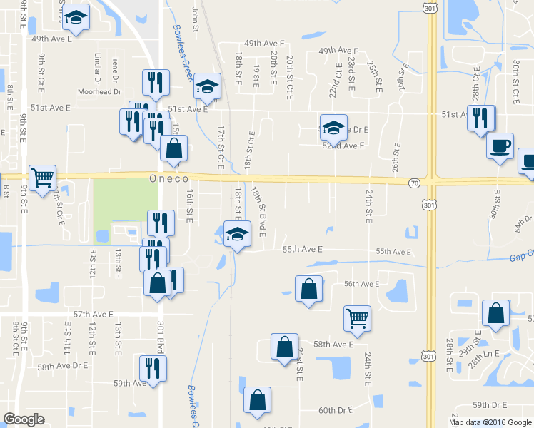 map of restaurants, bars, coffee shops, grocery stores, and more near 5407 18th Street Boulevard East in Bradenton