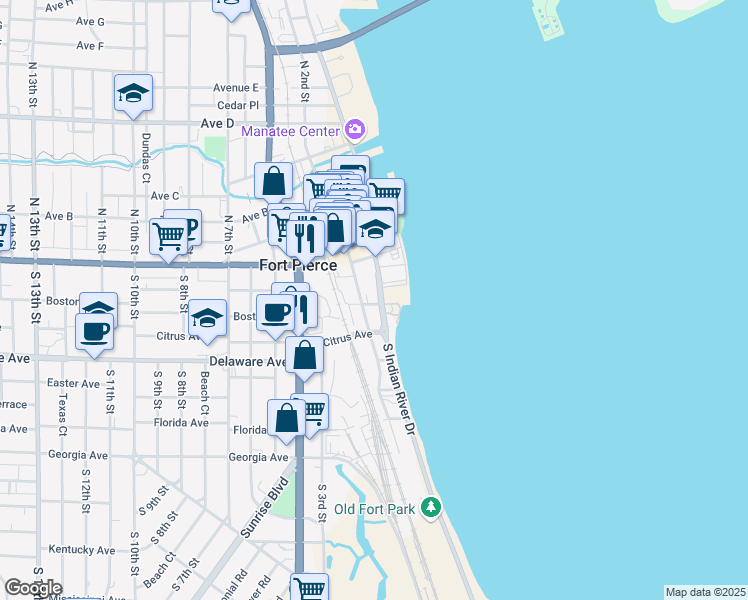 map of restaurants, bars, coffee shops, grocery stores, and more near 239 South Indian River Drive in Fort Pierce