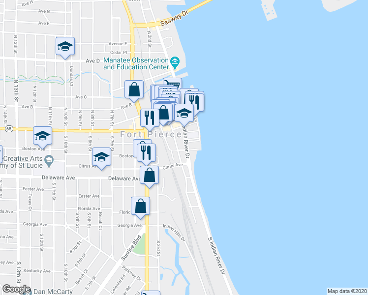 map of restaurants, bars, coffee shops, grocery stores, and more near 239 South Indian River Drive in Fort Pierce