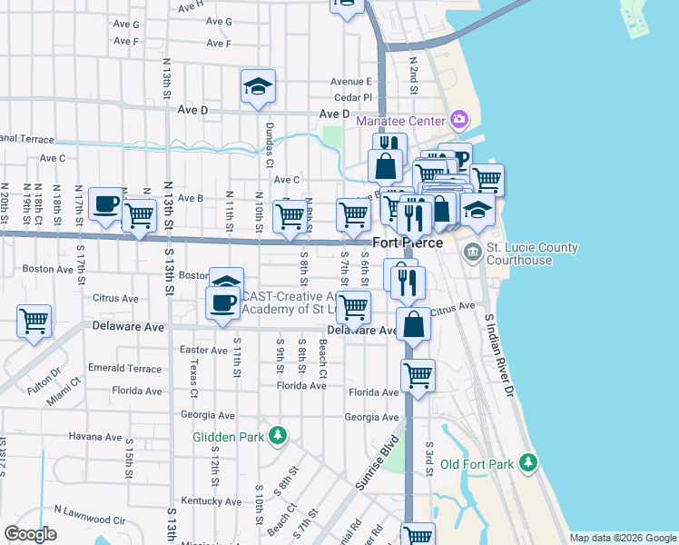map of restaurants, bars, coffee shops, grocery stores, and more near 704 Boston Avenue in Fort Pierce