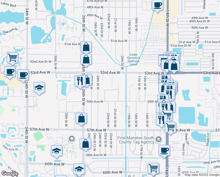 map of restaurants, bars, coffee shops, grocery stores, and more near 2210 54th Avenue Drive West in Bradenton