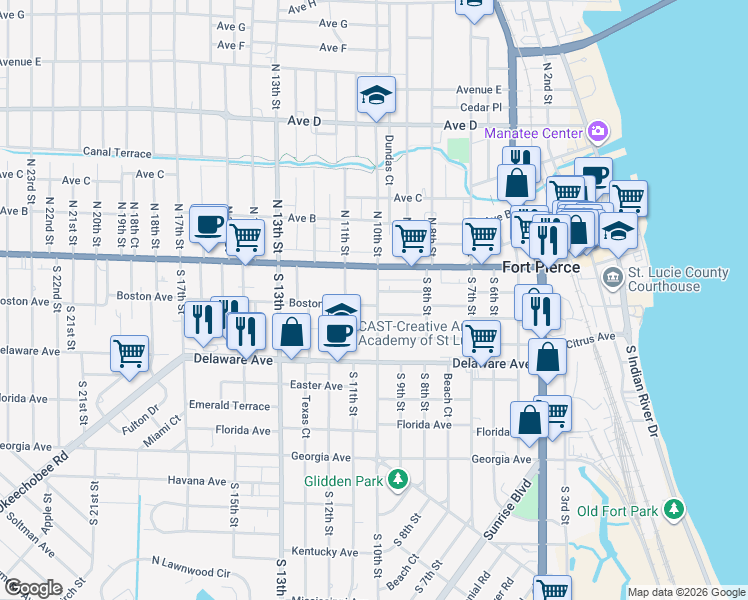 map of restaurants, bars, coffee shops, grocery stores, and more near 914 Boston Avenue in Fort Pierce