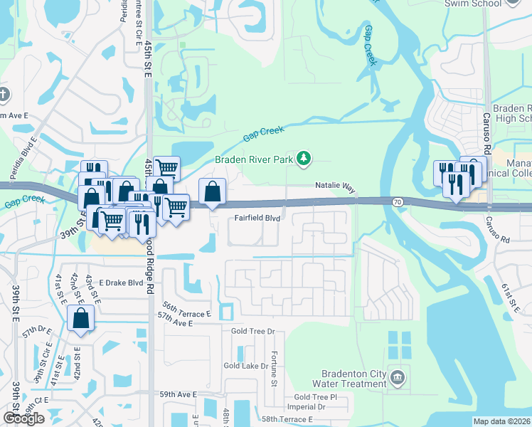 map of restaurants, bars, coffee shops, grocery stores, and more near 5332 Fairfield Boulevard in Bradenton
