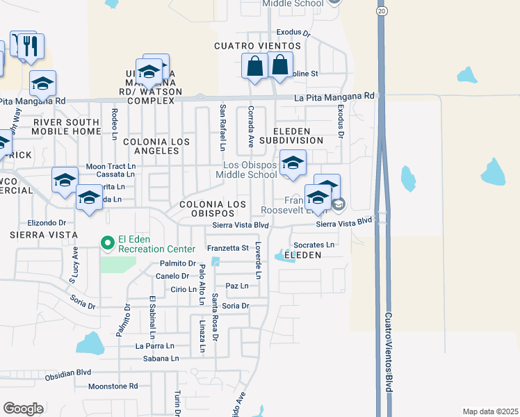 map of restaurants, bars, coffee shops, grocery stores, and more near 4703 Corrada Avenue in Laredo