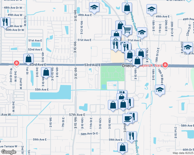 map of restaurants, bars, coffee shops, grocery stores, and more near 1120 53rd Avenue East in Bradenton