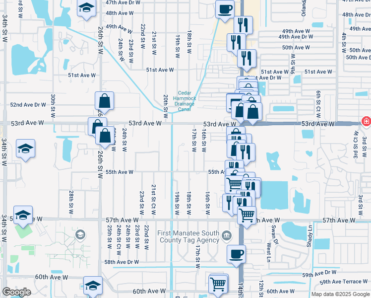 map of restaurants, bars, coffee shops, grocery stores, and more near 5416 18th Court West in Bradenton