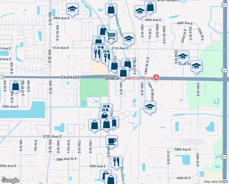 map of restaurants, bars, coffee shops, grocery stores, and more near 5408 15th Street Court East in Bradenton