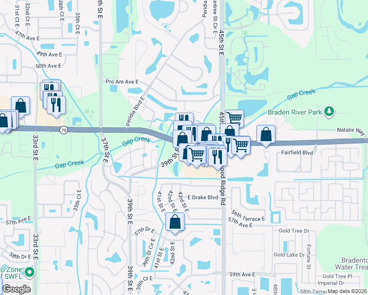 map of restaurants, bars, coffee shops, grocery stores, and more near 5315 39th Street East in Bradenton