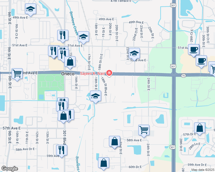 map of restaurants, bars, coffee shops, grocery stores, and more near 5407 18th Street Boulevard East in Bradenton