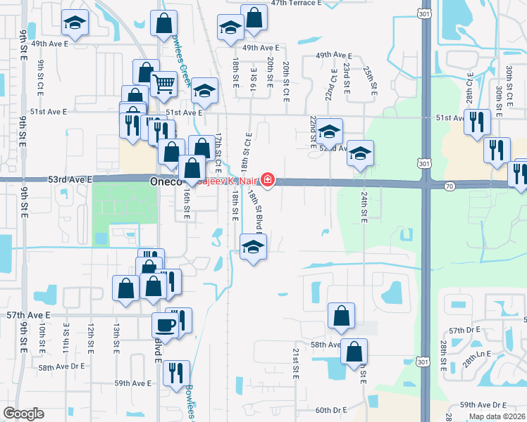 map of restaurants, bars, coffee shops, grocery stores, and more near 5407 18th Street Boulevard East in Bradenton