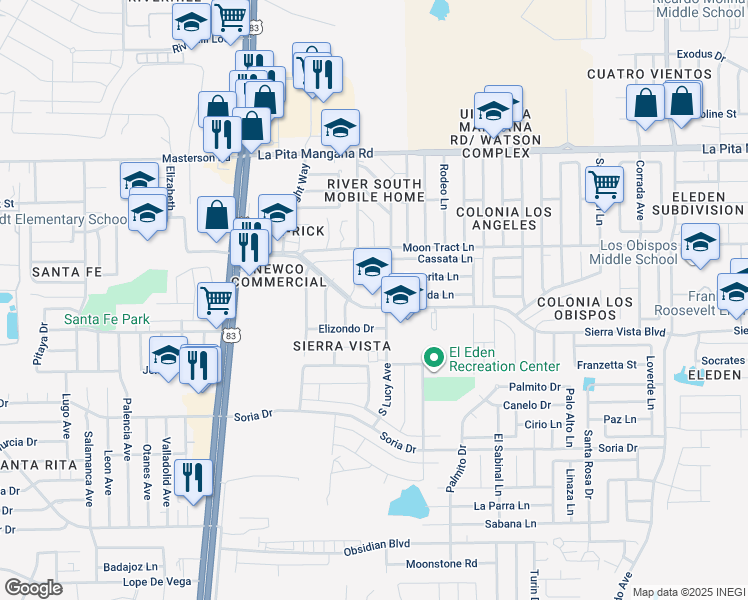 map of restaurants, bars, coffee shops, grocery stores, and more near 4620 South Lucy Avenue in Laredo
