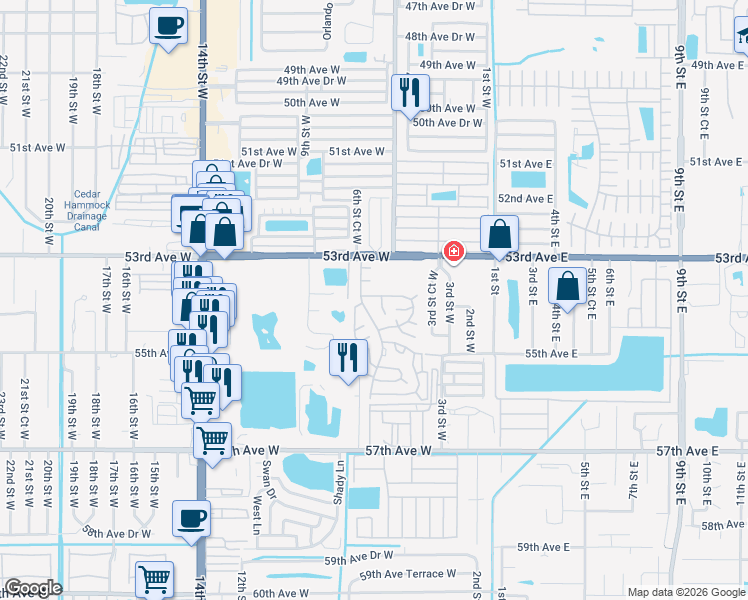 map of restaurants, bars, coffee shops, grocery stores, and more near 5409 Bali Court in Bradenton