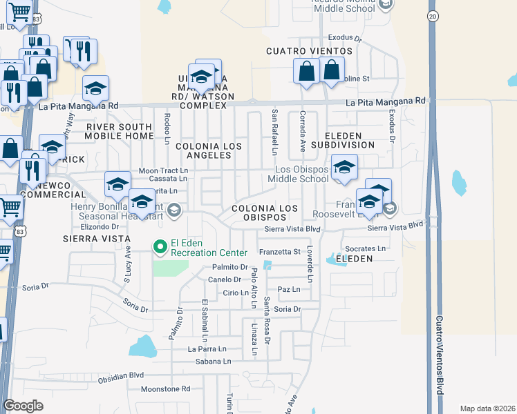 map of restaurants, bars, coffee shops, grocery stores, and more near 4714 Tamayo Court in Laredo
