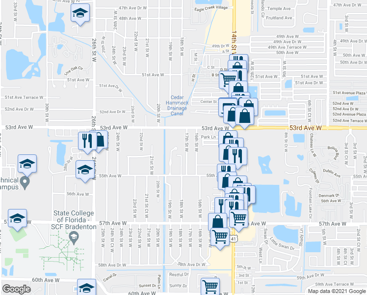 map of restaurants, bars, coffee shops, grocery stores, and more near 5403 17th Street West in Bradenton
