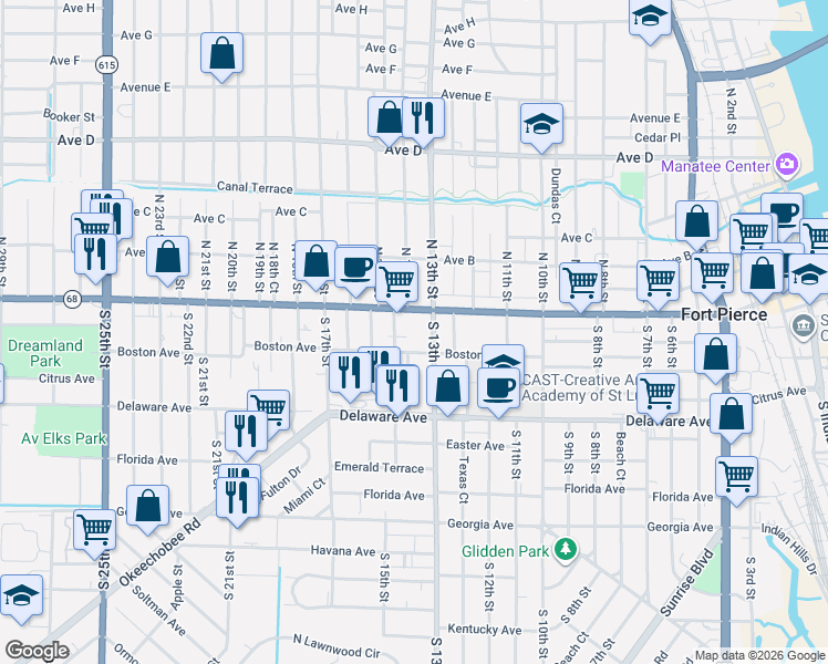map of restaurants, bars, coffee shops, grocery stores, and more near 1113 Orange Avenue in Fort Pierce