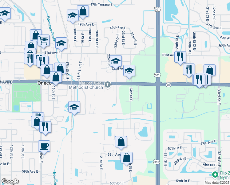 map of restaurants, bars, coffee shops, grocery stores, and more near 2212 53rd Avenue East in Bradenton
