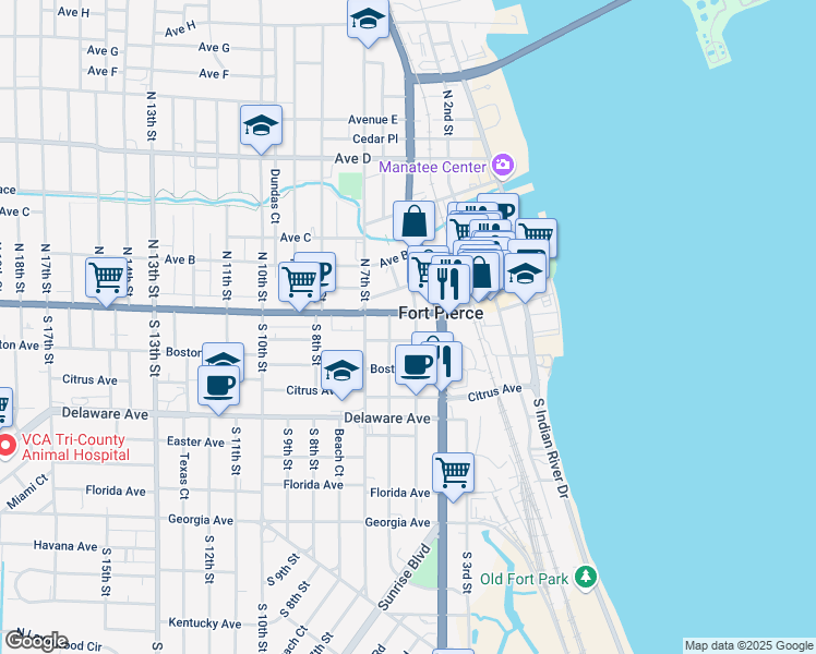 map of restaurants, bars, coffee shops, grocery stores, and more near 500 Orange Avenue in Fort Pierce