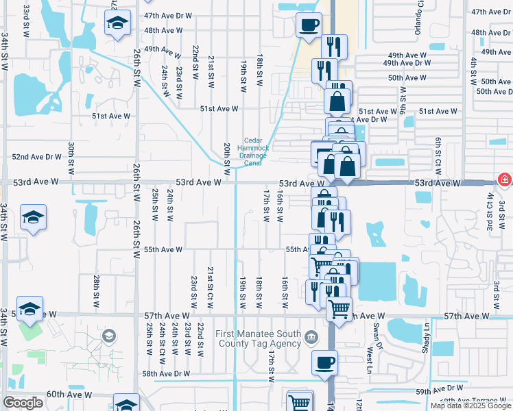 map of restaurants, bars, coffee shops, grocery stores, and more near 5309 17th Street West in Bradenton